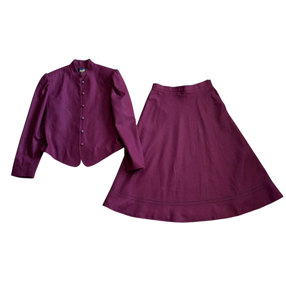 Vintage Panther Suit Skirt Blazer Set Burgundy Wool Blend USA Made